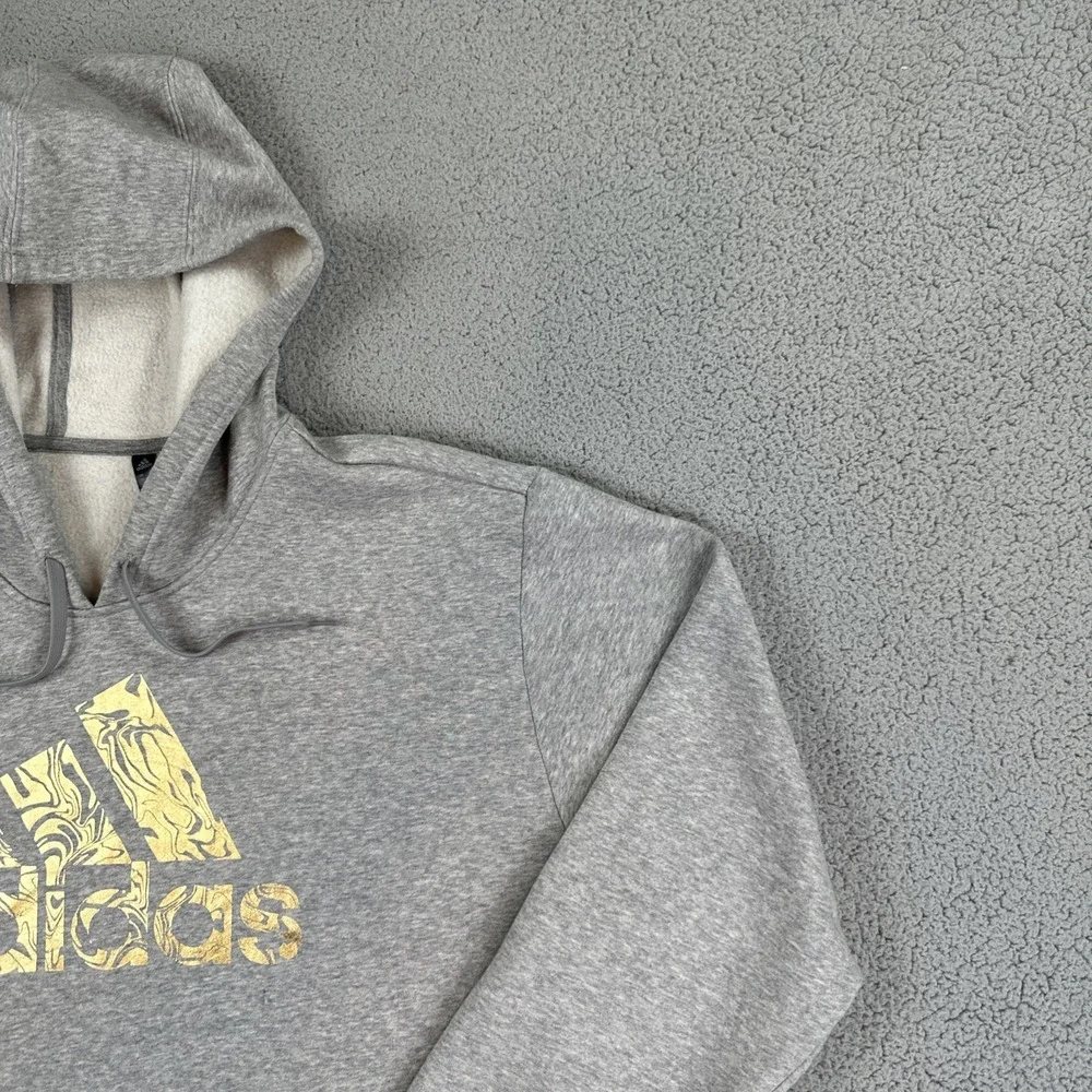 Adidas Liquid Gold Foil Badge of Sport Hoodie Men 2XL Heather Grey Pullover Logo